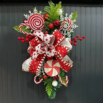 Рождественский Каплевидный Цветок С Конфетным Бантом И Красными Ягодами, Подвесной Рождественский Каплевидный Венок, Искусственная Каплевидная Дверь, Простая В Использовании