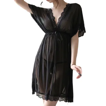 Сексуальное женское белье Прозрачная ночная рубашка с сетчатым кружевным краем, пижама с глубоким V-образным вырезом и коротким рукавом, домашняя одежда для сна, ночная рубашка